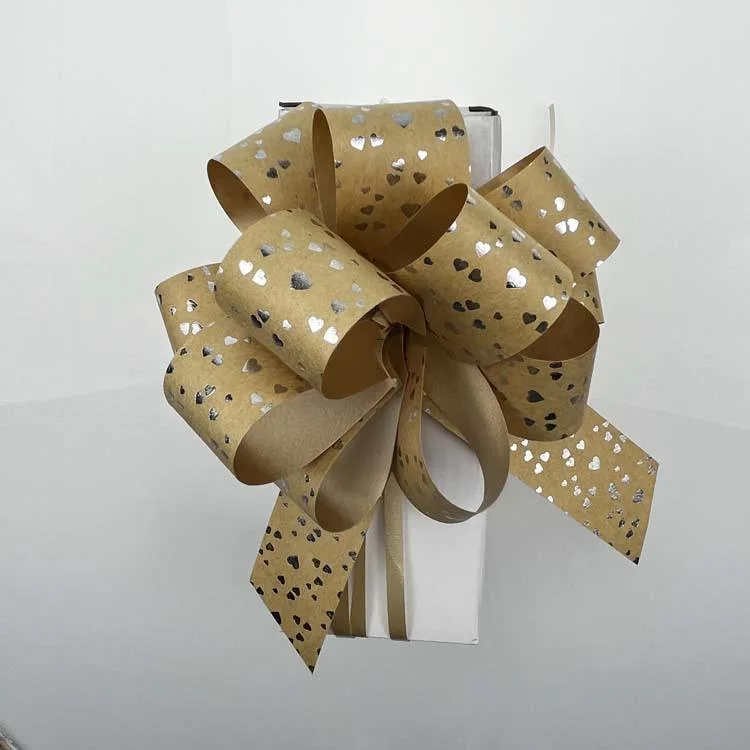 Holiday Party Christmas Tree Decoration Foil Printed Kraft Ribbon Pull Bows for Gift Baskets Wrap