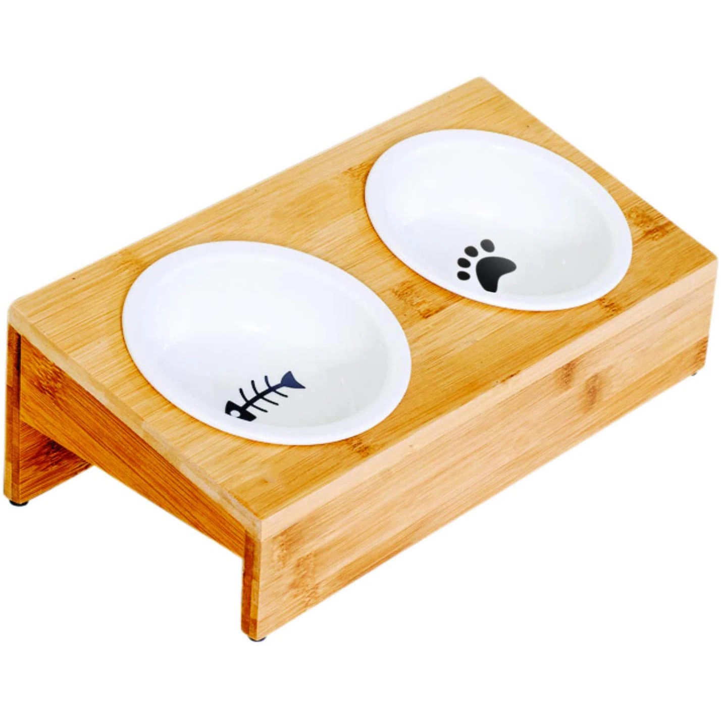 Elevated Bamboo Pet Table with Ceramic Bowls Raised Anti-Slip Tilted Station for Cats Dogs Food/Drink Water-Resistant Surface Clean Feeder