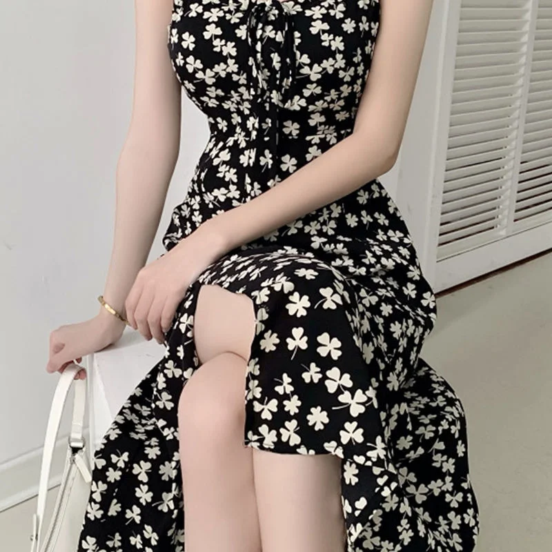 Sling Dress Female Summer Gentle Wind Waist Split Long Skirt French Chiffon Floral Skirt