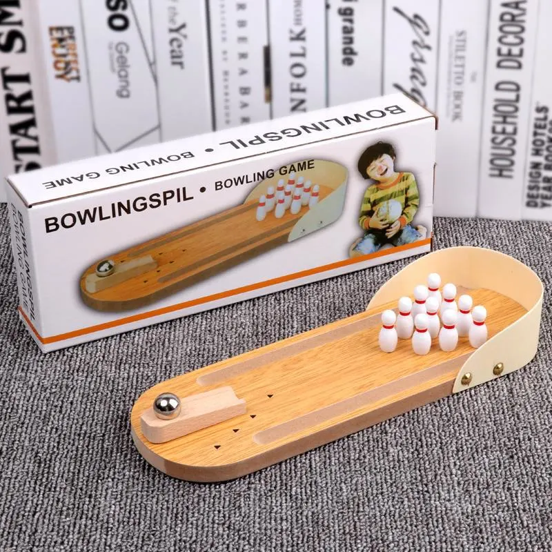 Mini jogo de basquetebol de secretária Atacado de Madeira Bowling Toy Wooden Mini Jogo de Bowling para crianças e adultos bola de bowling