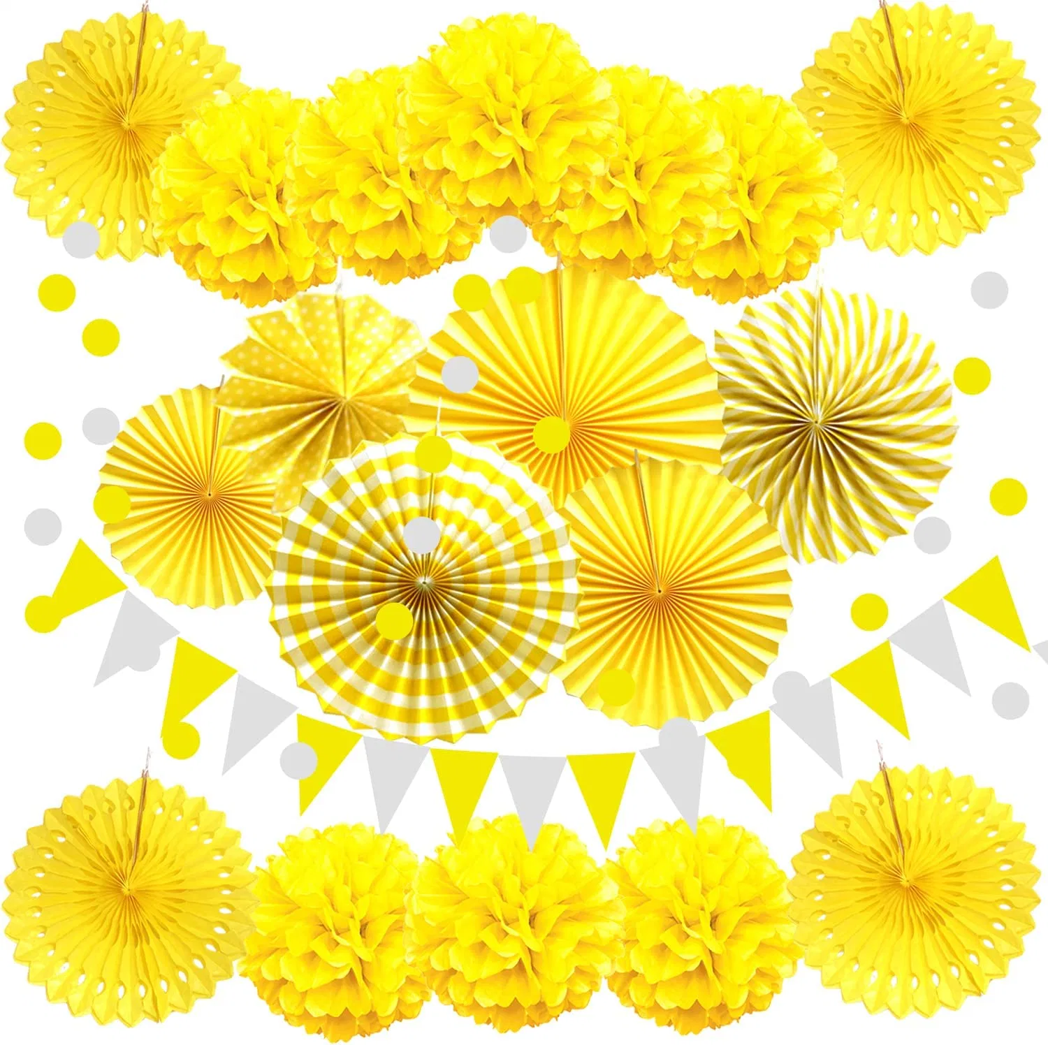 21 PCS Yellow Hanging Paper Fans POM Poms Flowers, Garlands String Polka DOT and Triangle Bunting Flags for Birthday Baby Shower Wedding Party Decorations