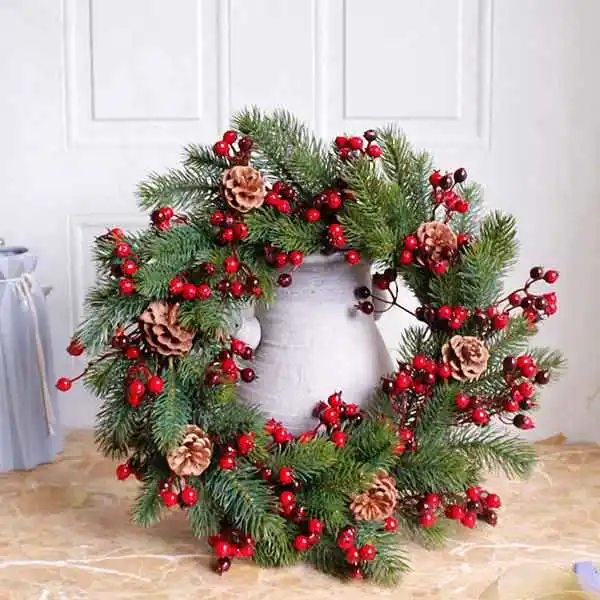 Christmas Simulation Pine Branch Flower Ring Berries Pine Cone Ring Door Decorations Hanging Wall Decorations