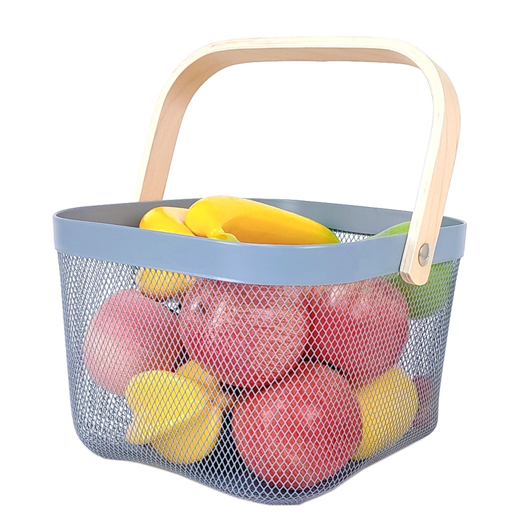 Home Storage Baskets Kitchen Bath Toy Metal Organizer Fruit Vegetable Wire Mesh Storage Basket with Wooden Handle