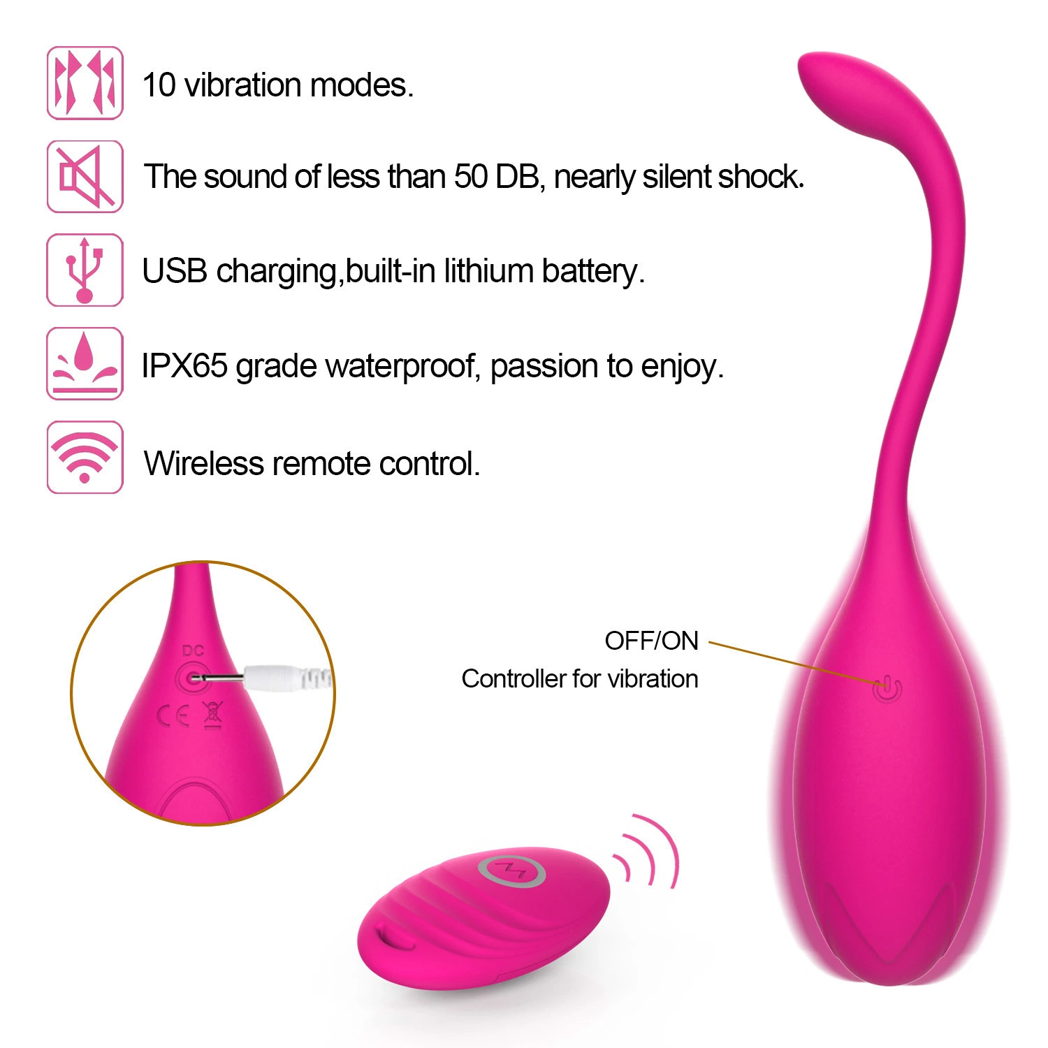 Mog USB Tadpole Control Remoto Huevo Vibrador para Juguete Sexual Femenino Huevo Vibrador Recargable Producto Sexual