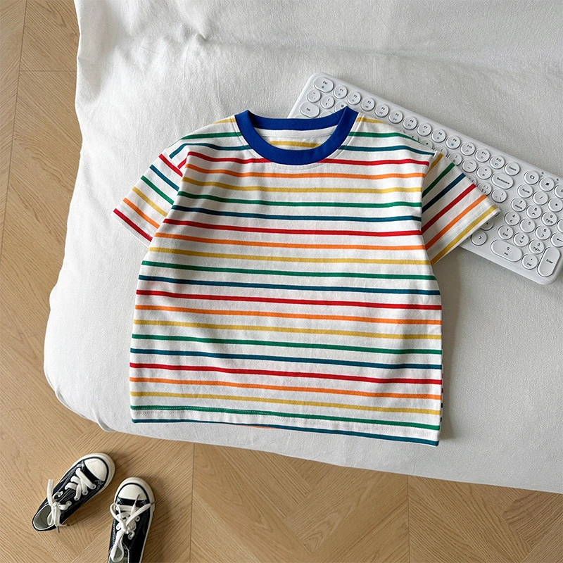 2023 Summer New Children's Korean Version of The Children's Rainbow Striped Short-Sleeved Boys and Girls with Thin T-Shirt