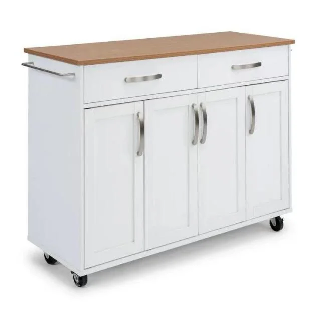 New Arrival Modern Solid Wood White Kitchen Rolling Cart Storage Cabinet with Wheels