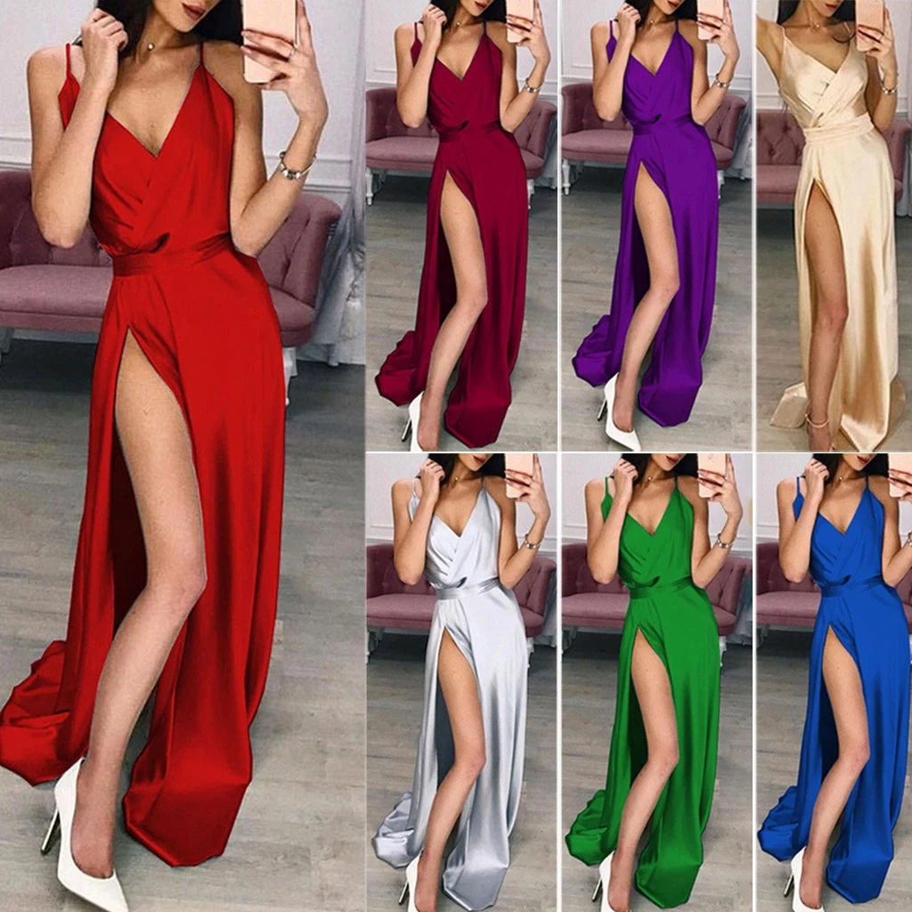 L2085 Sexy Straps V Neck Slit Evening Dresses