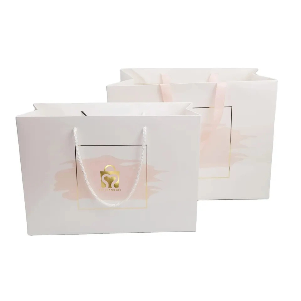 Customize Logo Printed White Boutique Shopping Clothes Paper Bag with Ribbon Handle