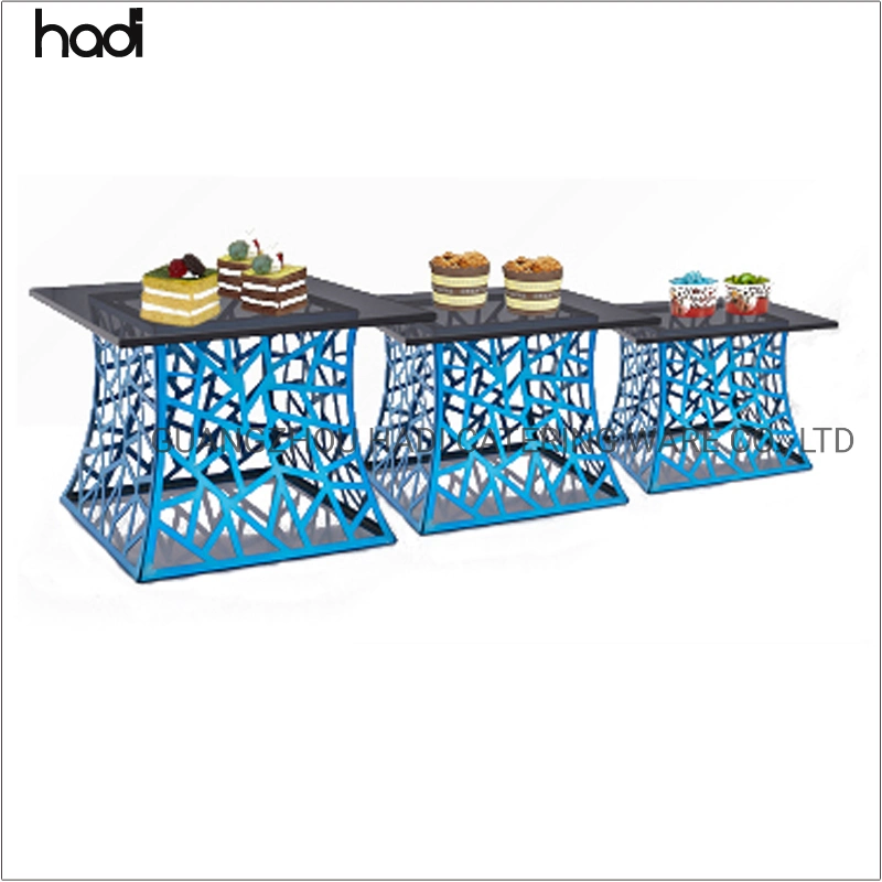 Guangzhou Catering Bodas Tema Desayuno Buffet Stand Square Hotel rack vertical de los alimentos modernos de acero inoxidable Oro Pedestal de Té