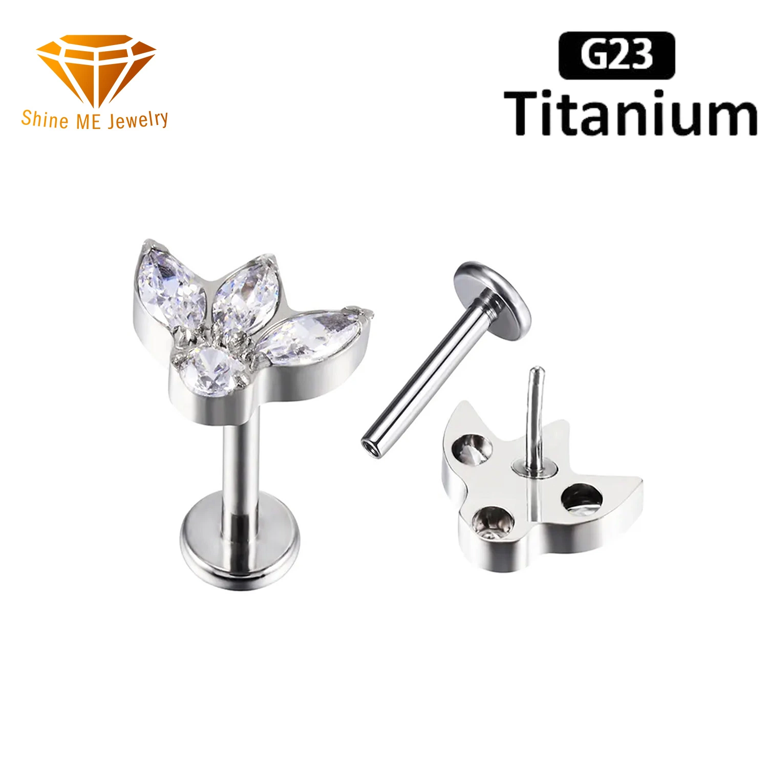 Labret ASTM F136 de la moda Titanium 3 Marquesa CZ y Ronda CZ Pulsador central en la parte superior pendientes body piercing Joyería Rpt055