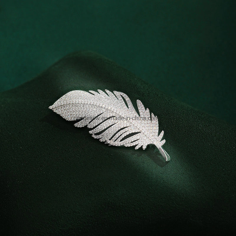 Fashion S925 Sterling Silver Feather Design Micro Setting Elegant Brooch for Girls