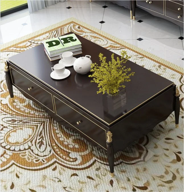 High-End American Light Luxury Living Room Furniture Complete Carved Solid Wood Golden Painted Black Coffee Table