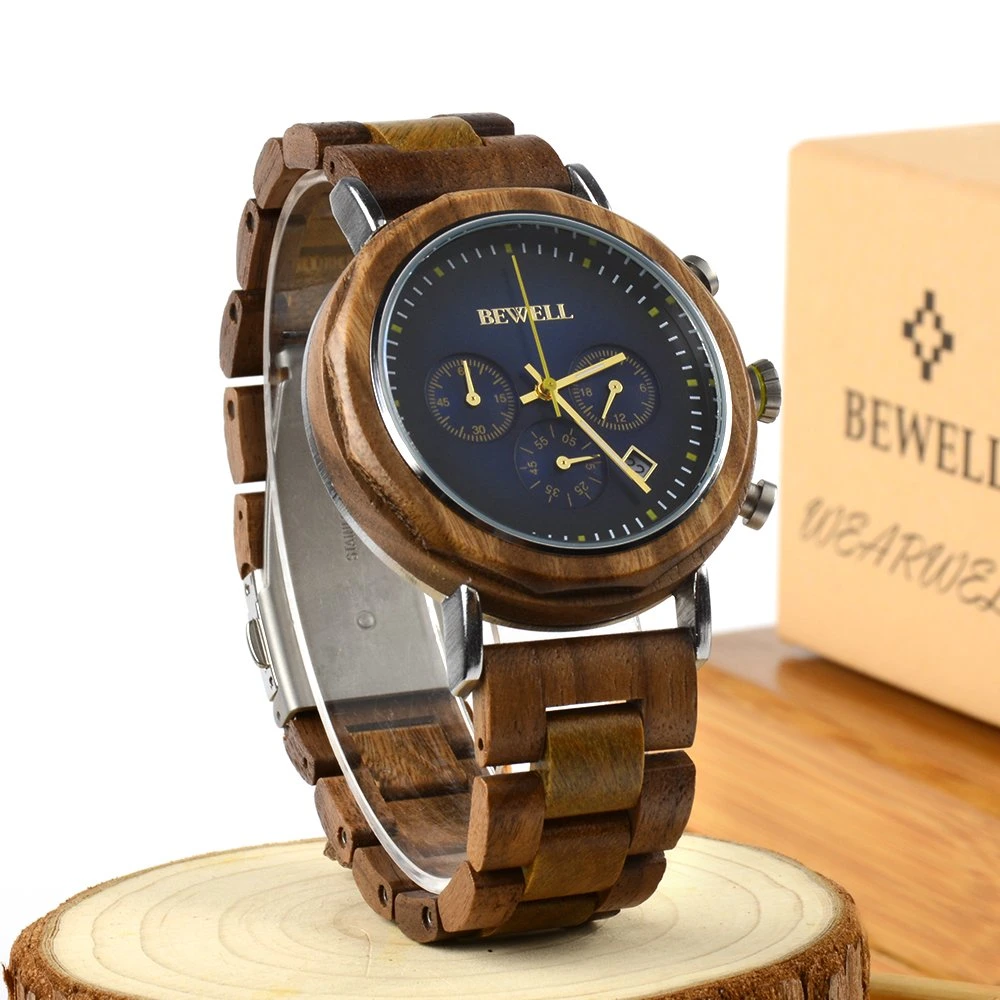 Bewell Newest Luxury Handmade Watch Custom Quartz Chronograph Watch Engraved Wooden Watches Men Wrist