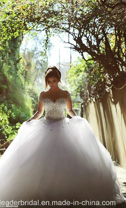 Vestido de novia árabe con mangas largas y adornos de pedrería Z2016