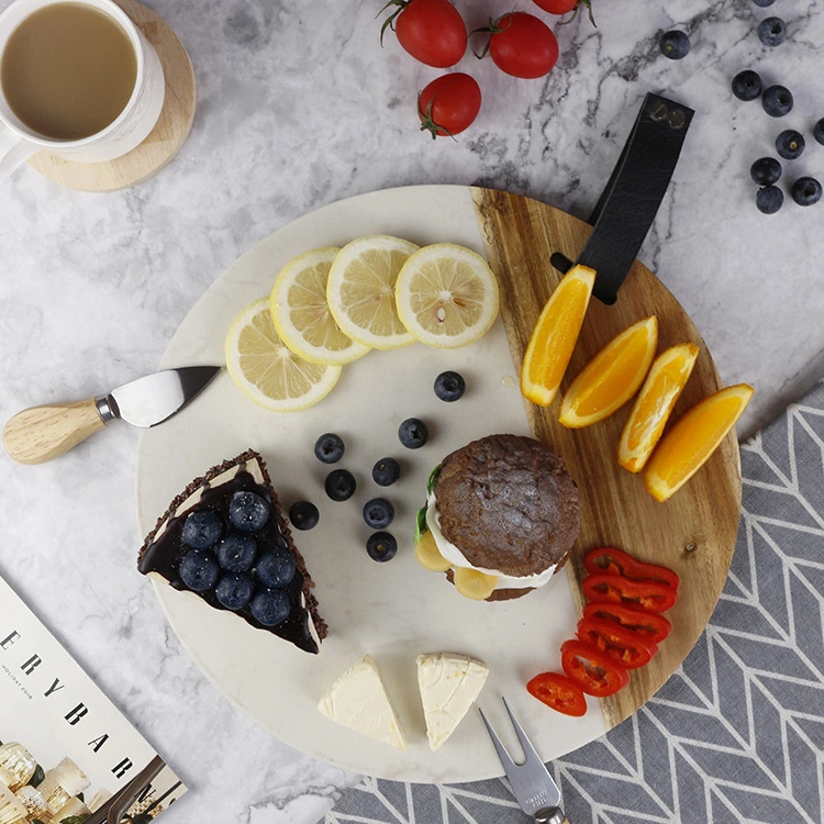 Aveco Stock Round Cheese Marble Cutting Board Acacia with Leather Buckle