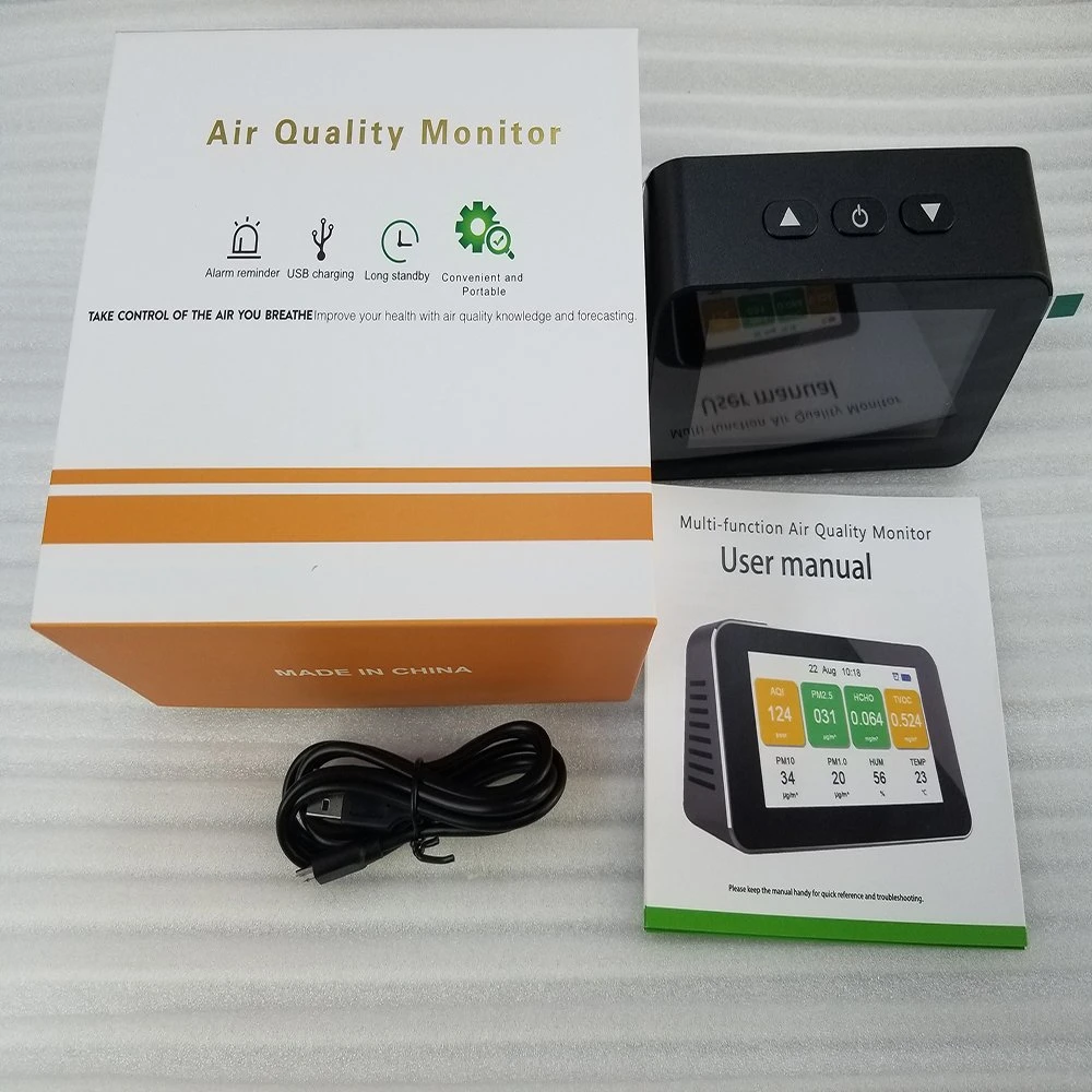 Black ABS Air Quality Detector Monitors Pm2.5 Tvoc Temp Formaldehyde Sensor Comfortable Environment for Office and House