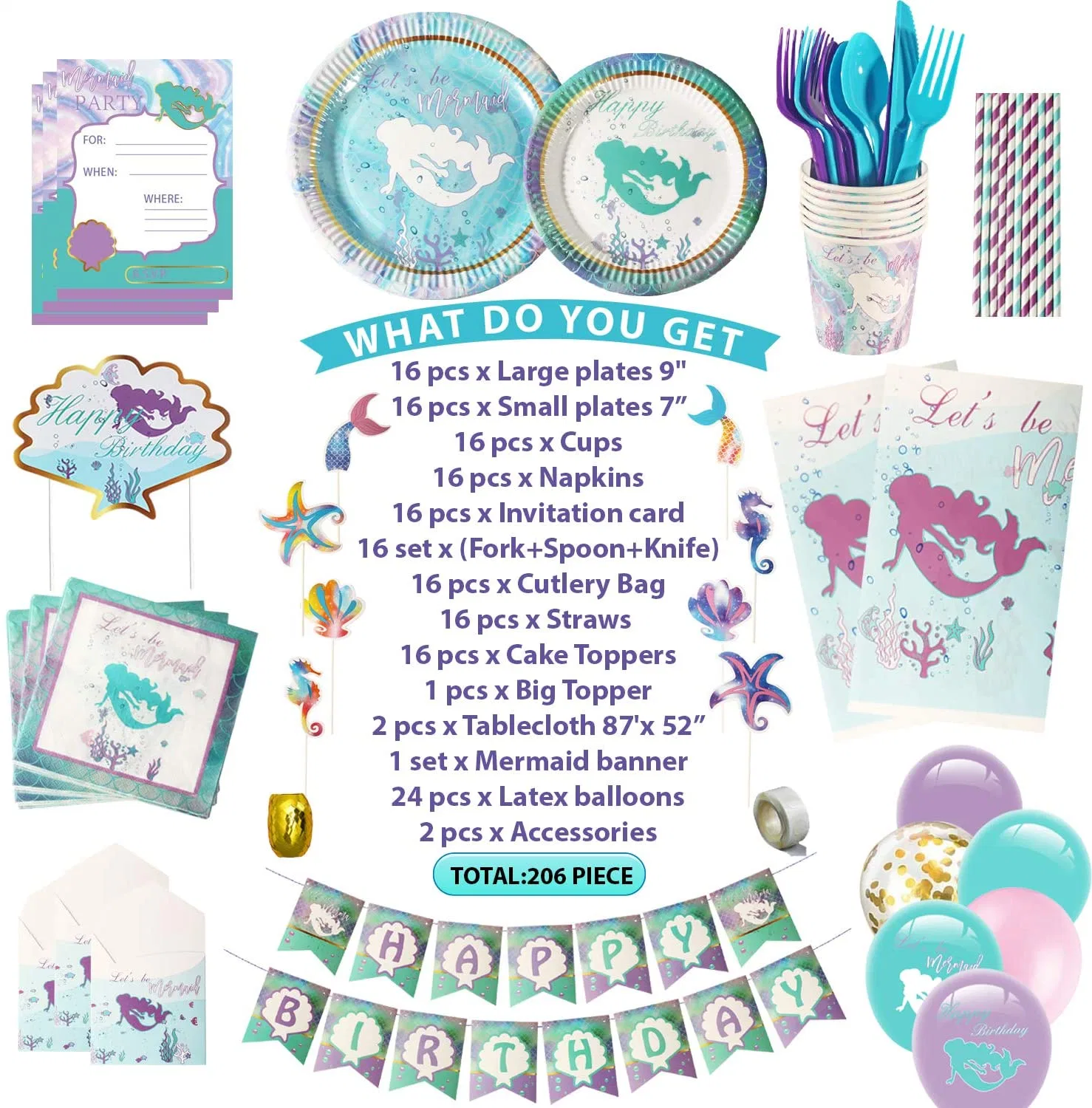 Naiwoxi Mermaid decoraciones de fiesta de cumpleaños - Mermaid parte suministros para la niña, placas, tarjetas de invitación, Banner, tapa de la Mesa, acolchados, pajas, cubertería, Globos