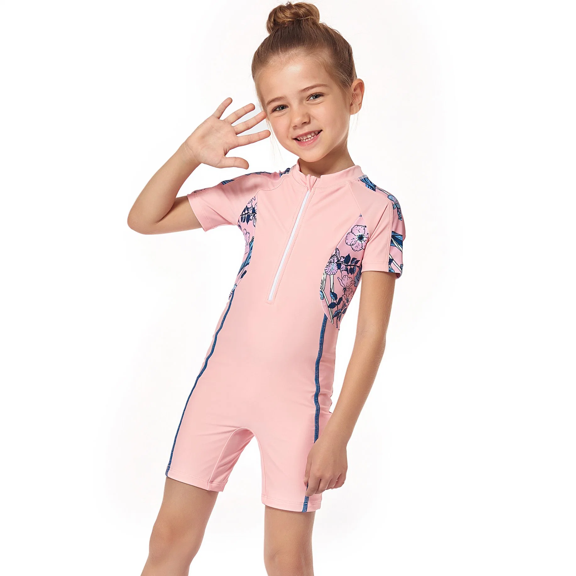 2023 New Girls' Swimwear Zipper Short-Sleeved One-Piece Swimsuit Three Needles Five Lines Children's Pants Beachwear