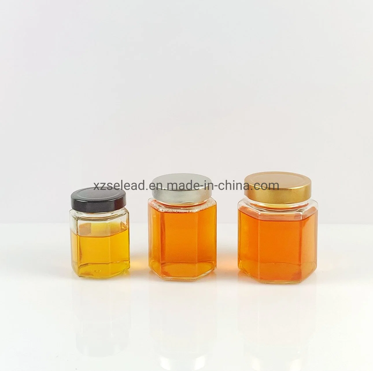 Empty Hexagon Candy Cookies Food Packaging Pickle Jam Glass Honey Jar and Container with Black Lid