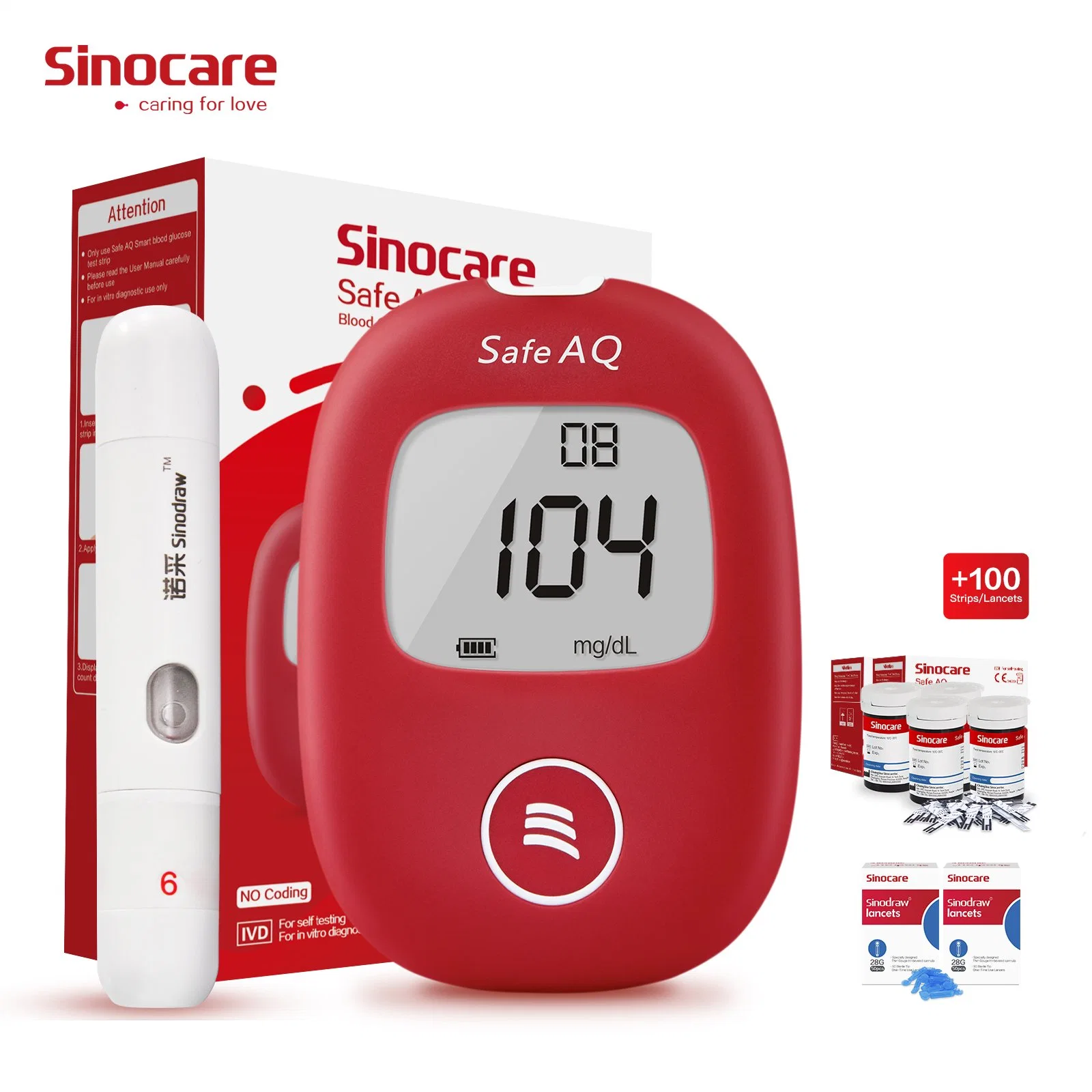 Sinocare Glucose Meter Blood Glucose Meter No Code Adjustment Blood Sugar Meter, Diabetes Testing Instrument