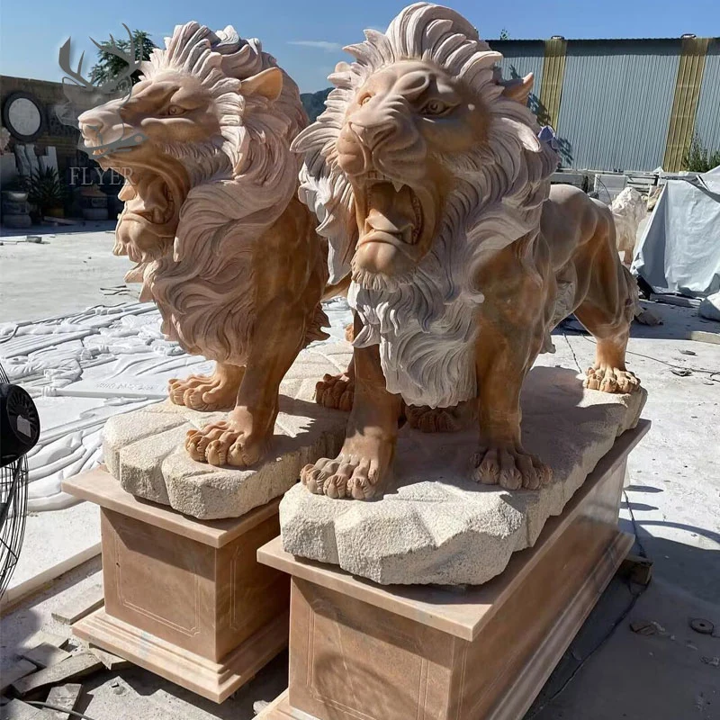 Outdoor Entrance Lion Sculptures Hand Carved Yellow Granite Marble Stone Lion Sculpture with Big Pedestal