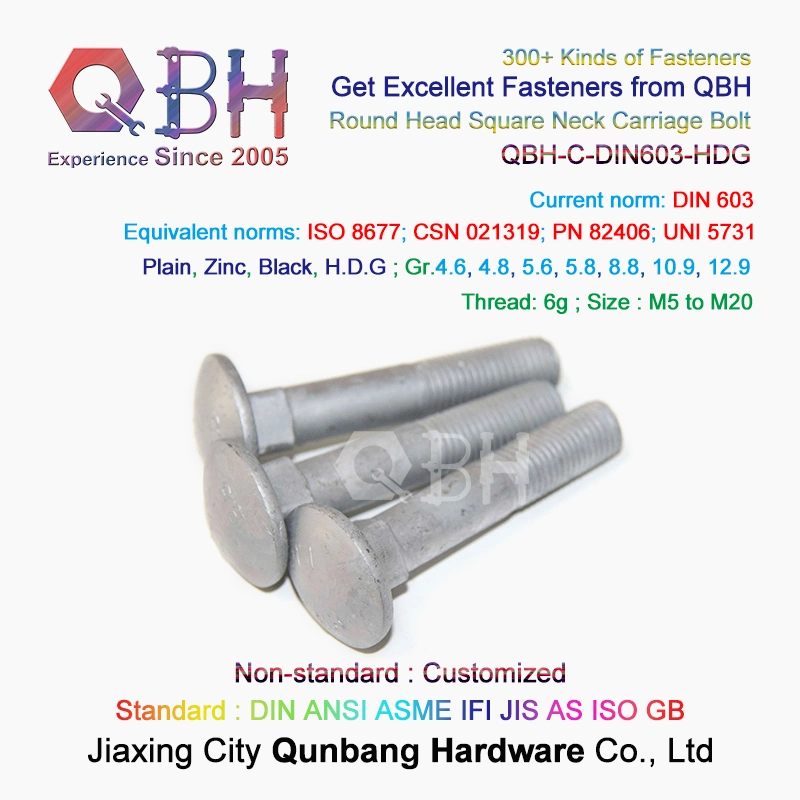 Qbh Standard DIN 603 ISO 8677 Csn 021319 Pn 82406 Uni 5731 Plain Zinc Black HDG Mushroom Round Head Square Neck Carriage Bolt