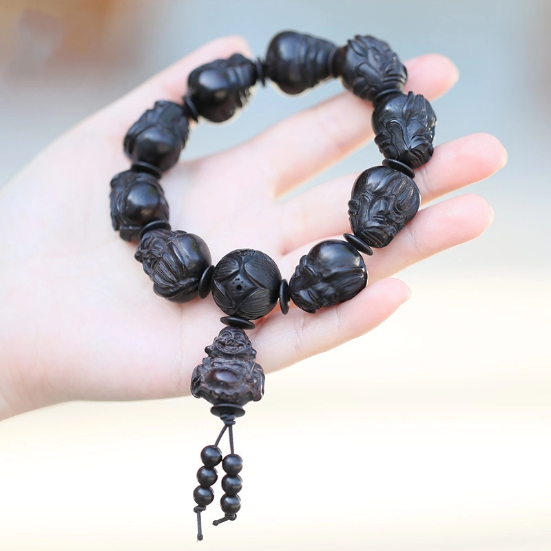 Fine Ebony Buddha Beads Bracelet Sandalwood Handmade Vintage Ebony