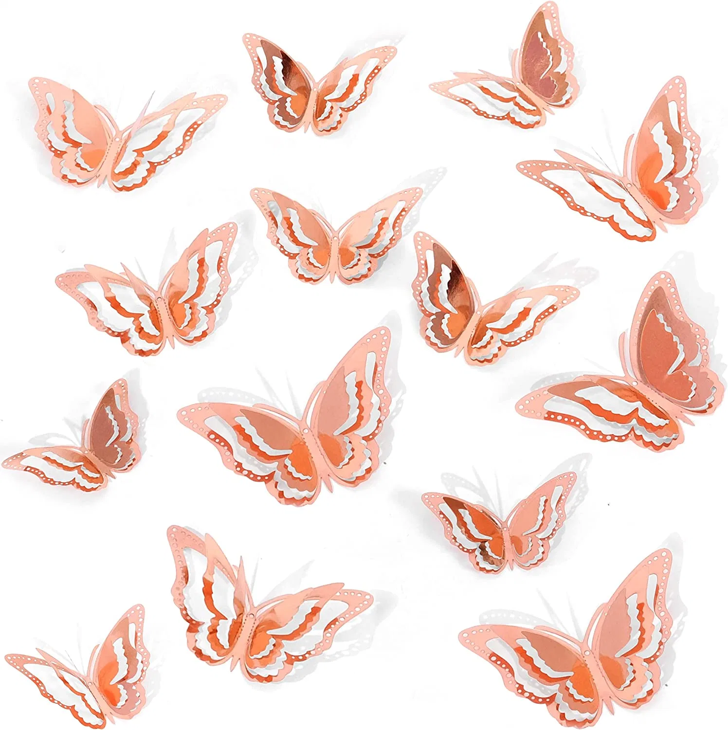 Decoración de pared de mariposas en oro rosa 3D, 48 PCS Decoraciones de mariposas Adhesivos de pared de tres capas para decoraciones de fiestas, decoración de habitaciones de bebé, decoración de bodas.