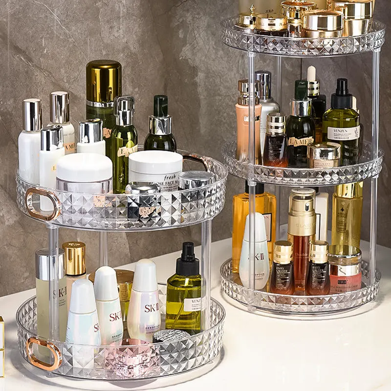 Rotating 2 Tier Plastic Makeup Diamond Cosmetic Organizer with Handle