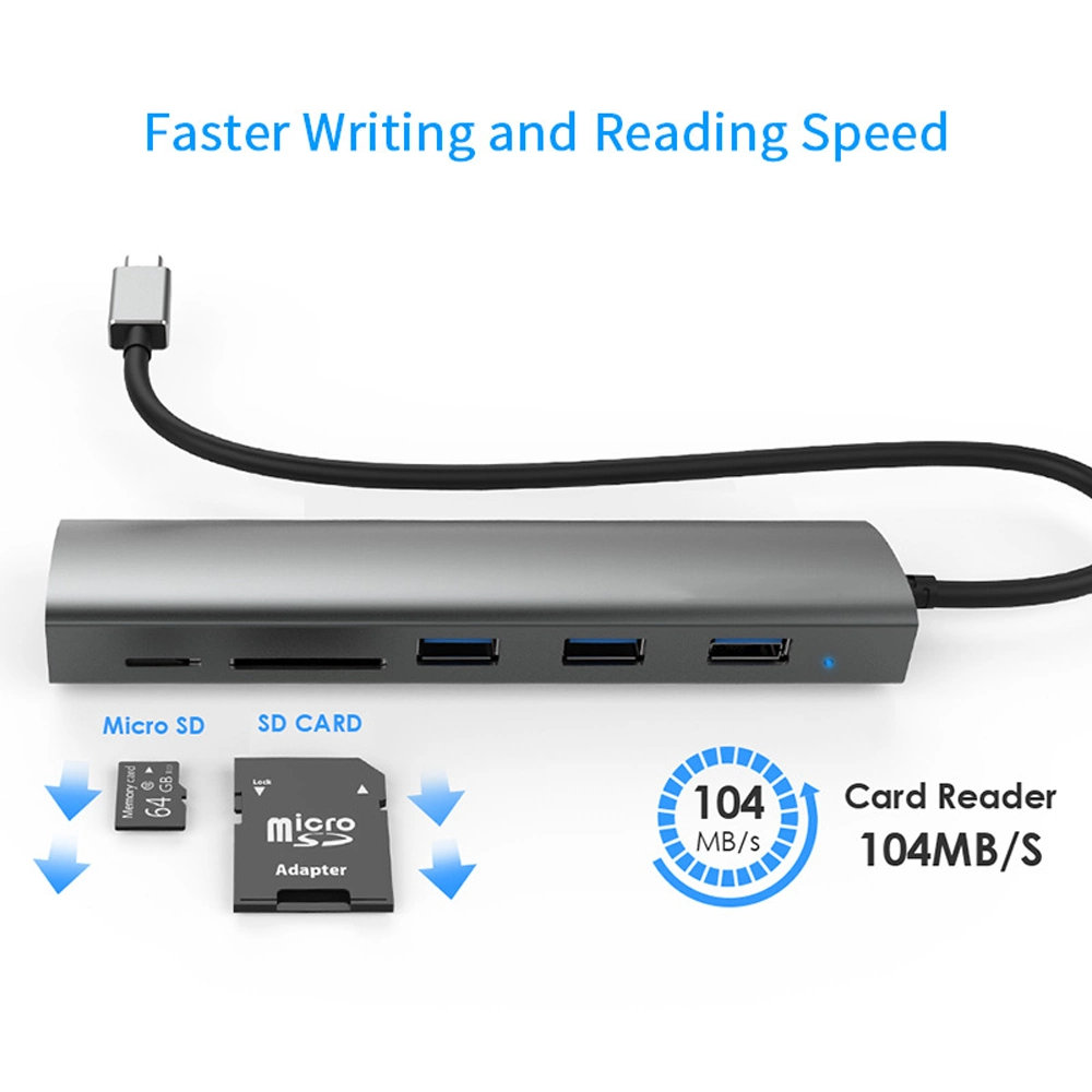 Type C Gen1 USB3.0 à 3 ports en aluminium Hub avec carte Lecteur et port CC