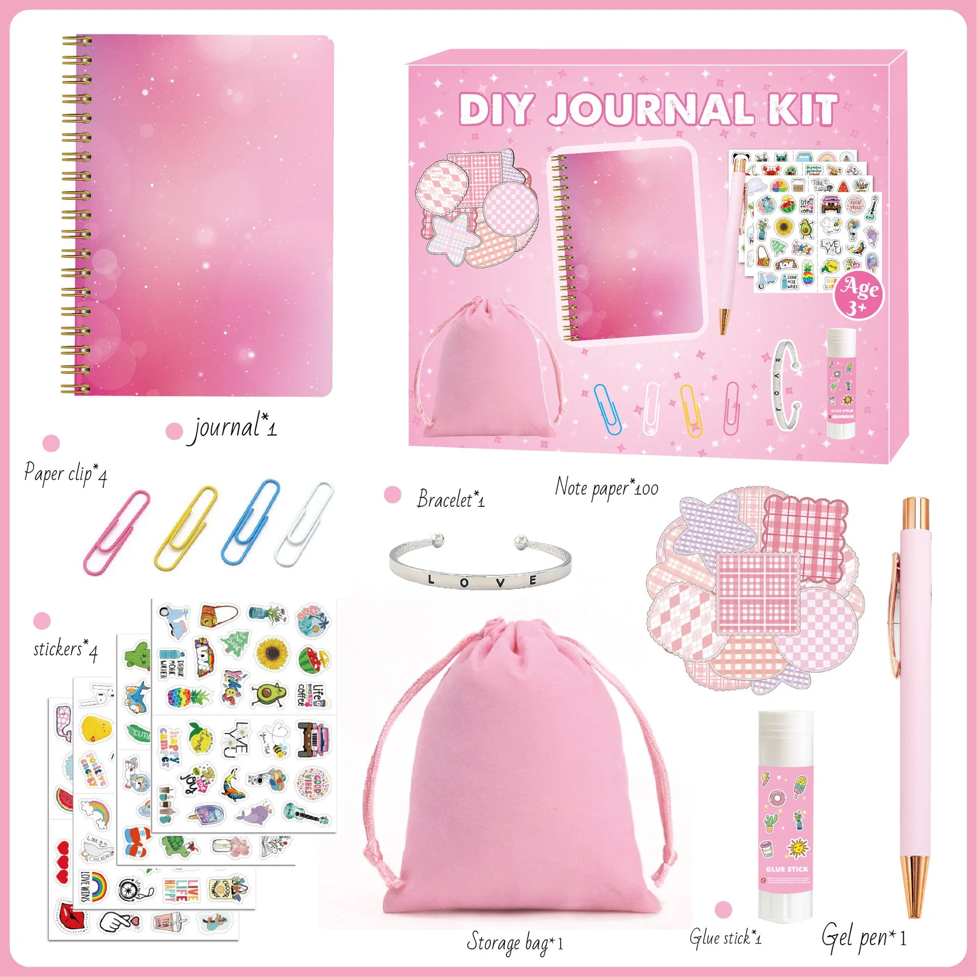 DIY Journey Set Pink Planner Diary Gift Box Scrapbook Sticker Kids Stationery Set