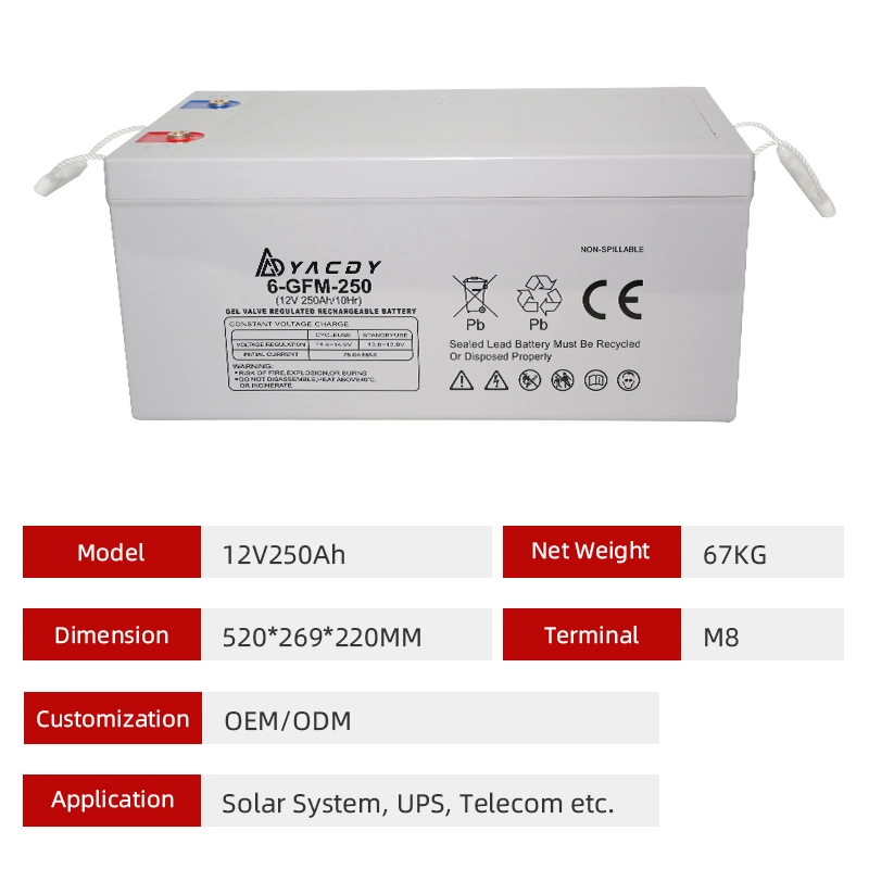 12V250ah batterie à décharge profonde rechargeable sans entretien solaire UPS AGM Gel Batterie de stockage