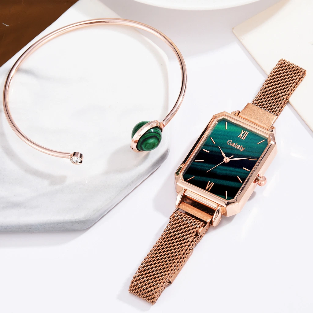 Las mujeres de la marca Fashion Square Damas Relojes pulsera reloj de cuarzo verde conjunto simple de Marcación de malla de oro rosa de las mujeres de lujo relojes