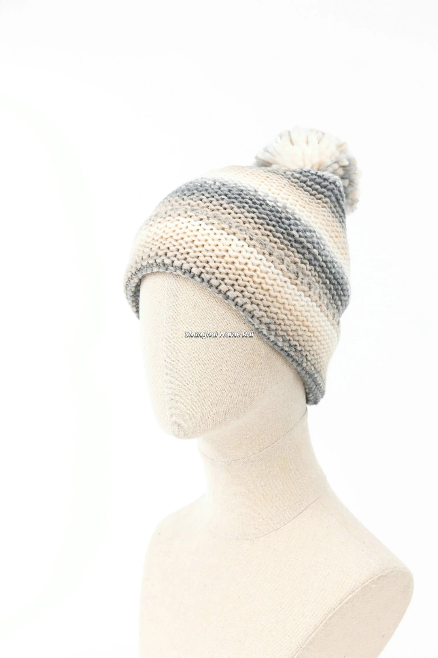 Mulher, suave e aconchegante, com acabamento em acrílico, bege, cinzento, branco Gorro casual com riscas mistas PomPom Blended