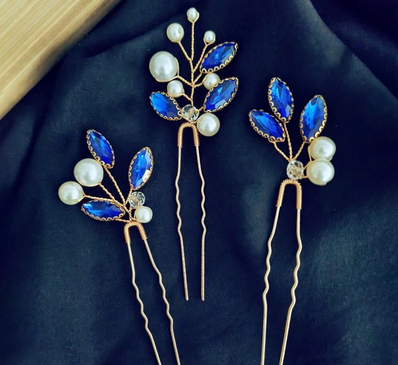 Blue Stone Hair Pin Hair Stick. Bridal Wedding Pearl Hair Pin Hair Stick.