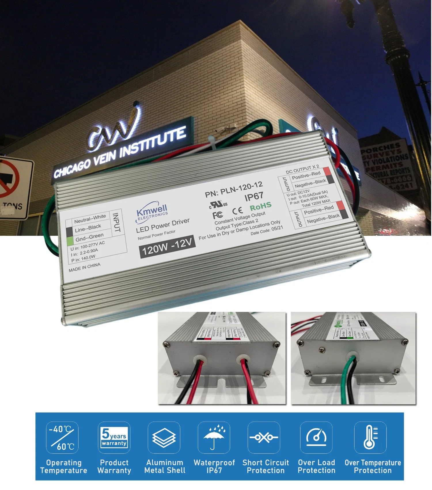 Transformador de LED de alimentación de voltaje de entrada Universal Pln-120-24 Personalizado el modo de cambio de fuente de alimentación para el exterior de doble salida de iluminación LED