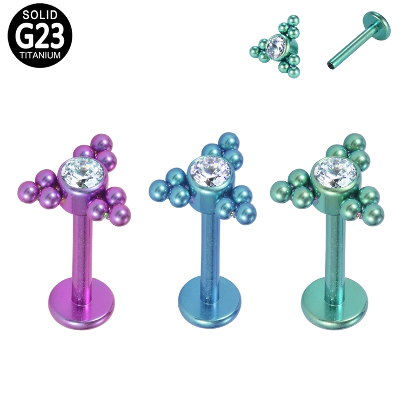 Gzn ASTM F136 Titan Innengewinde Lip Ring 3 Tri-Bead Cluster mit Lünette CZ Gem Top Körper Schmuck Labret