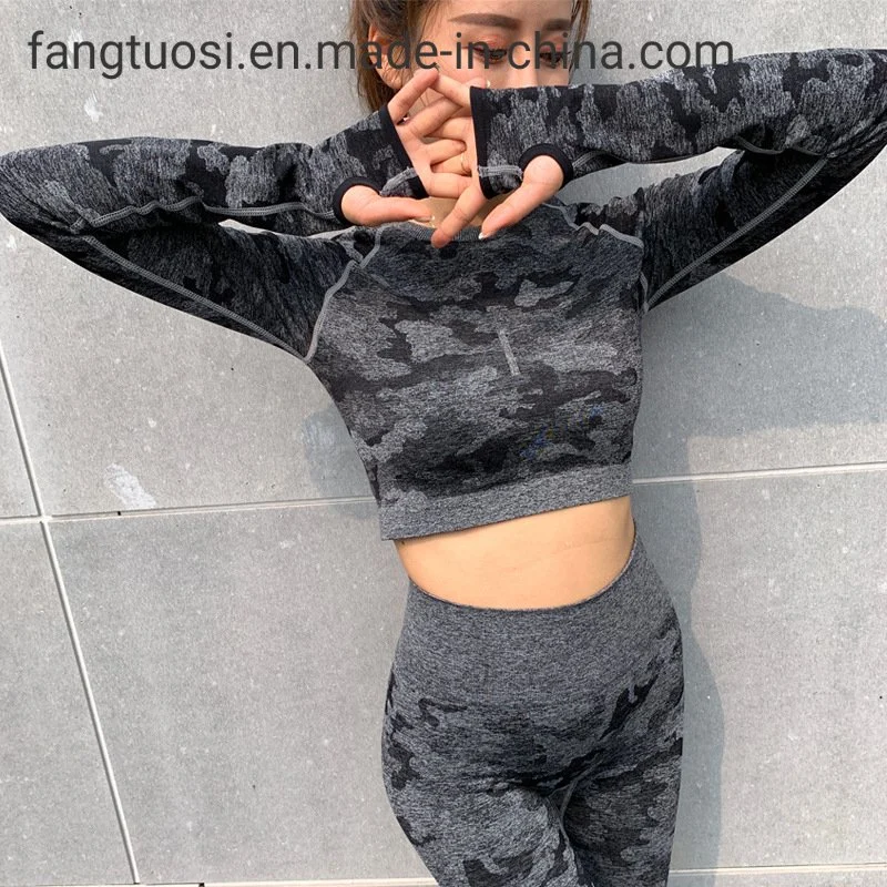 Custom Design Sexy Camouflage Tight Fitness Tops Activewear Long Sleeves Yoga Crop Top Athletic Apparel for Gym Women