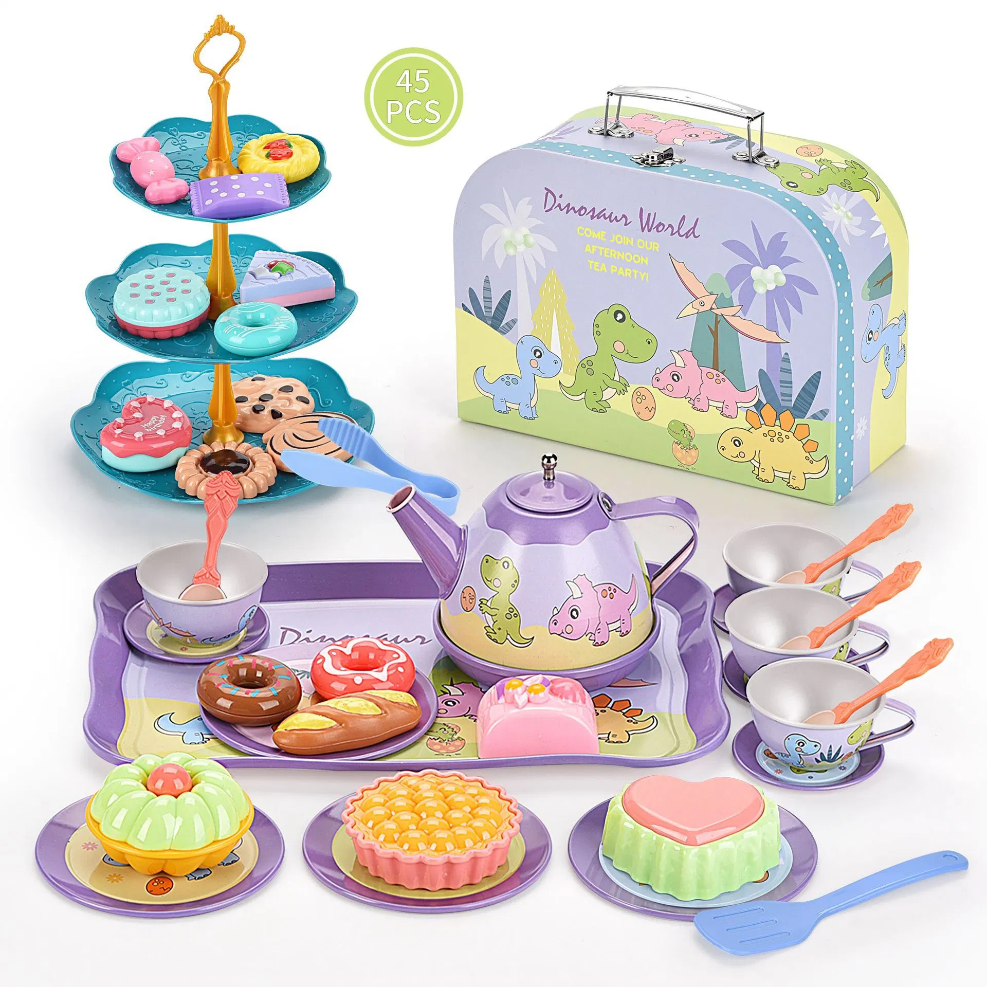 New Tea Party Set for Little Girls Boys Dinosaur Toys for Girls Elsa Princess 48 Pack Kids Kitchen Pretend Toy with Tin Tea Set Desserts & Carrying Case Gift