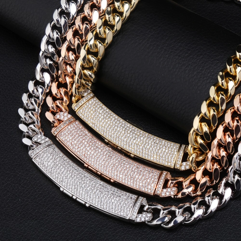 New Long Buckle Stil Schmuck Hip Hop Rock Kupfer Gold Silber Rose vergoldet Iced Out CZ Stein 12mm kubanischen Gliederkette