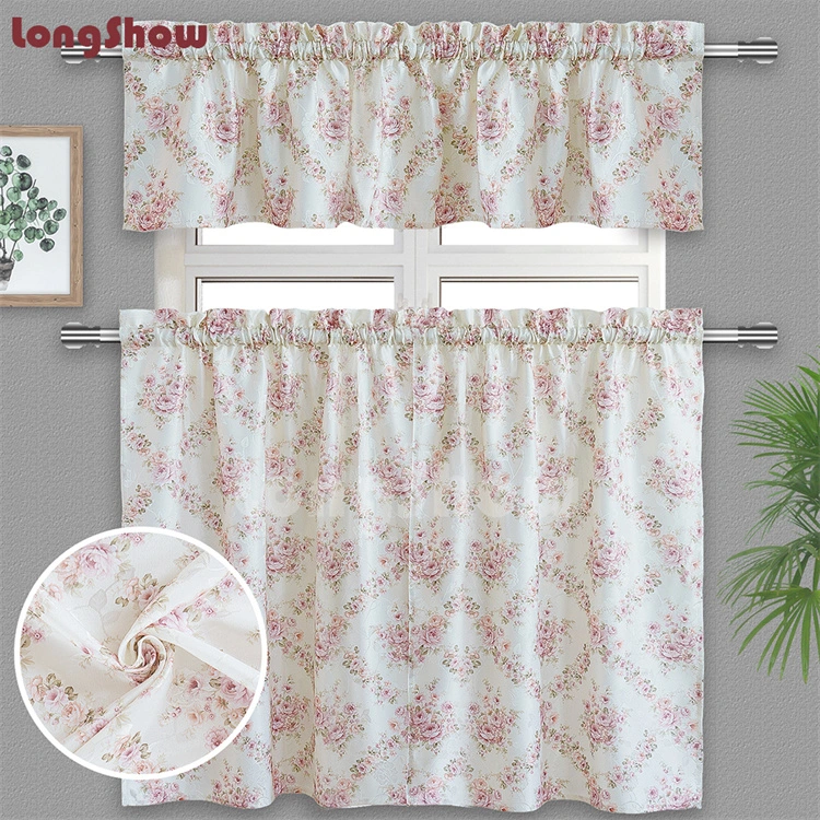 Wholesale Polyester Fancy Pink Flowers Printed Rod Pocket Mini Home Window Curtains