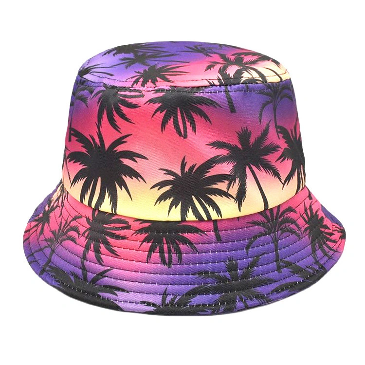 Chapeau de pêcheur Tropical Hawaii Bucket Hat avec coucher de soleil estival, plage, palmier pour les voyages en plein air.