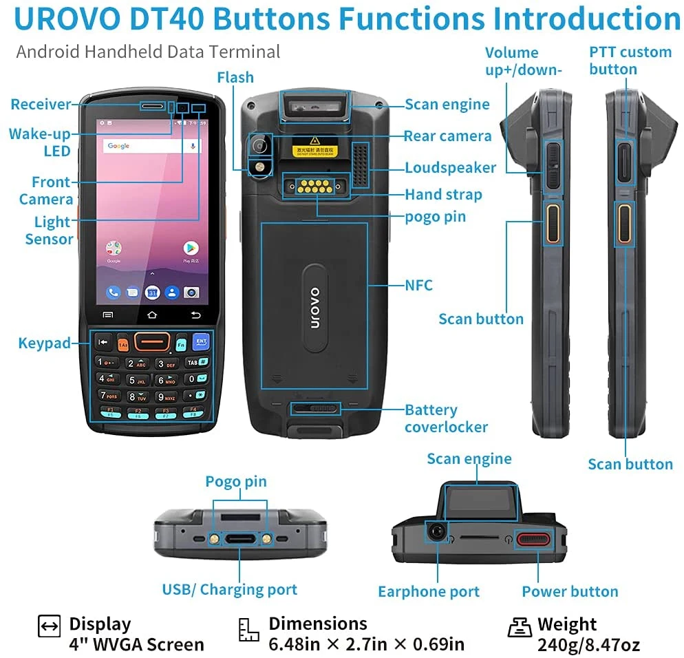 Urov Ó DT40 Handheld Enterprise PDA computador móvel resistente Terminal de Dados Android Market 9.0 Scanner de código de barras Urov Ó DT40