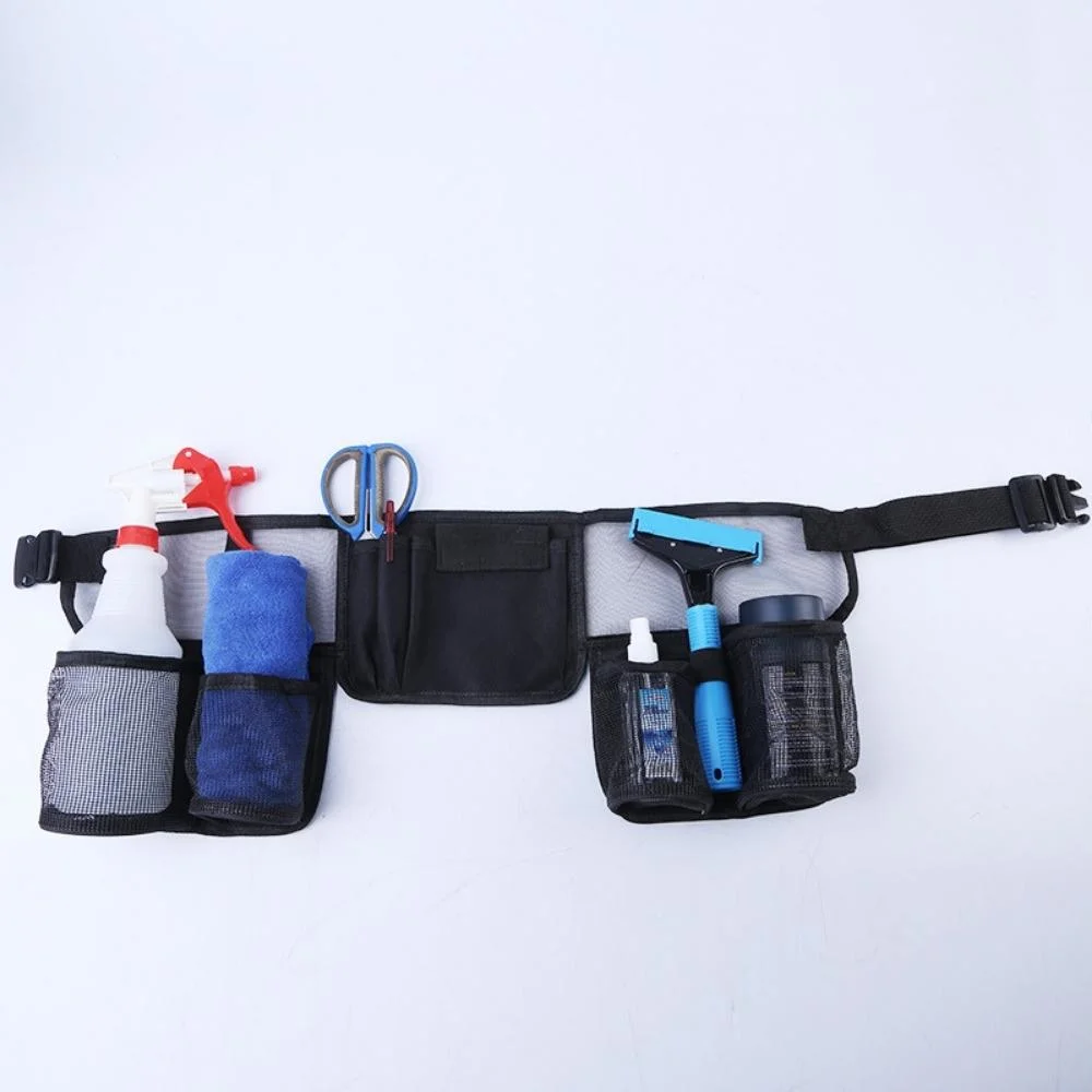 Cleaning Tool Belt with 4 Pockets and 3 Elastic Slots, Nylon Mesh Adjustable Tool Belt Pouch for House Cleaning, Tool Pouch with Waist Belt Suitable Wyz20959