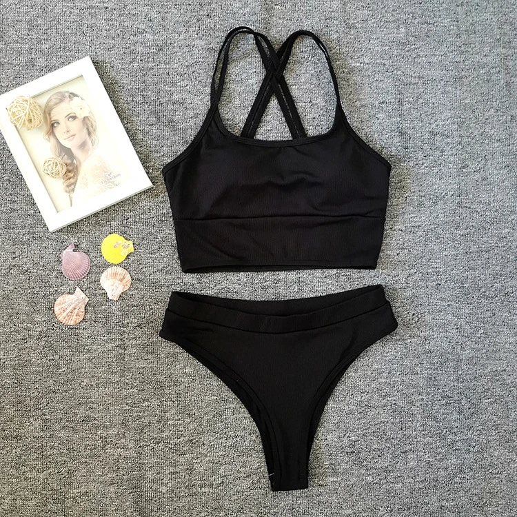 Frau Bademode Sport Badeanzug Zweiteilig Geripptes Crop Top Hoch Taillierter Bikini Retro Hoch Geschnitten Badeanzug Mädchen Bademode