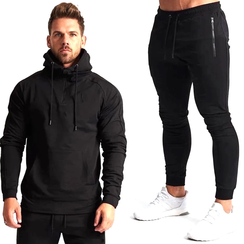 Chándal de manga larga para hombre de 2 piezas con capucha para gimnasio + pantalones de chándal con bolsillo de cremallera + cordón ajustable, a medida Athletic Cotton jogging Sets Sudadera con capucha