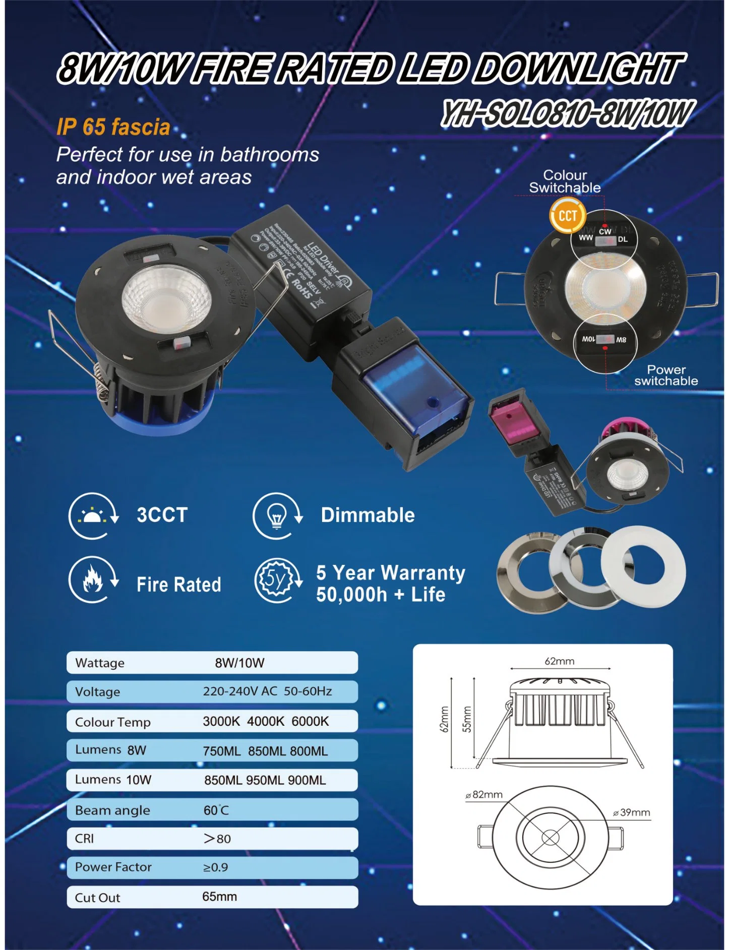 3CCT LED النار المقدرة على خفض الضوء COB 10W للمطبخ، غرفة الحمام، IP65