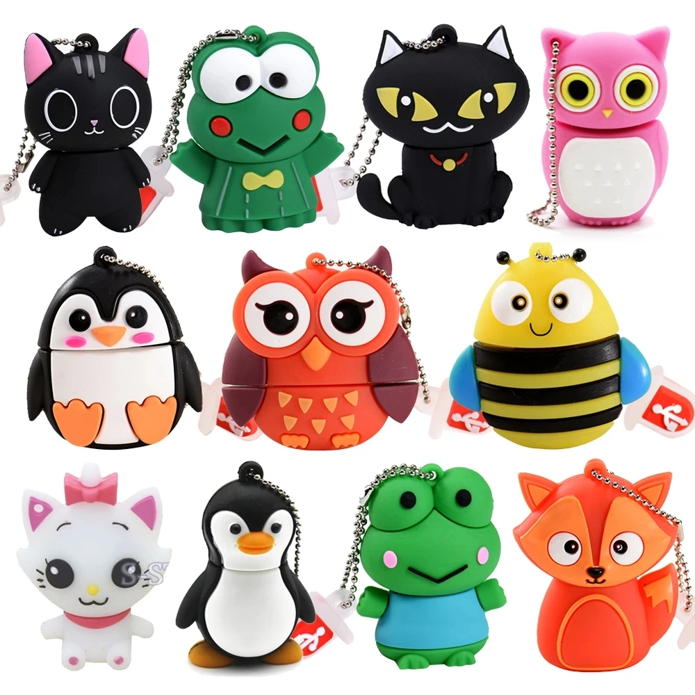 Custom Design Cartoon Animal Penguin Cat Owl 64GB USB Flash Drive 8GB 16GB 32GB 64G 128GB Pendrive USB 2.0 Memory Stick Frog Pen Drive