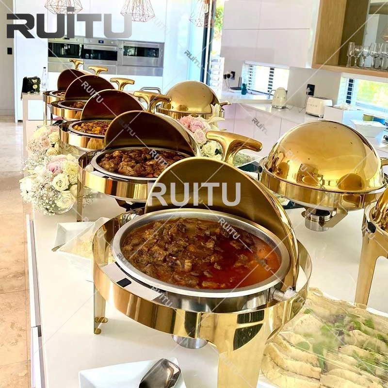 Hotel Restaurant Golden Chefing Gerichte rund 6L Luxus-Bankett-Party Catering Ausrüstung Chafer Gold Buffet Ware Set Catering Food Warmer Roll Top Scheufschale