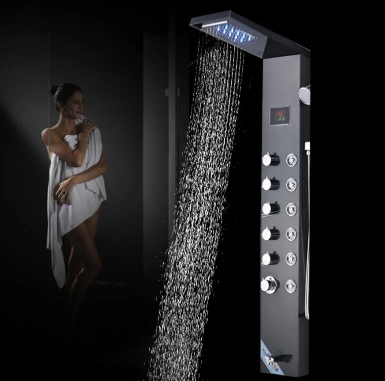 Pared LED columna de ducha lluvia Cascada Ducha pantalla de temperatura Ducha de mano Masaje SPA Jet tres asas Mezclador Juego de machos de roscar grifo